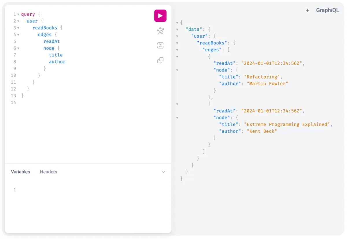 GraphiQLでUser.readBooksをクエリした結果